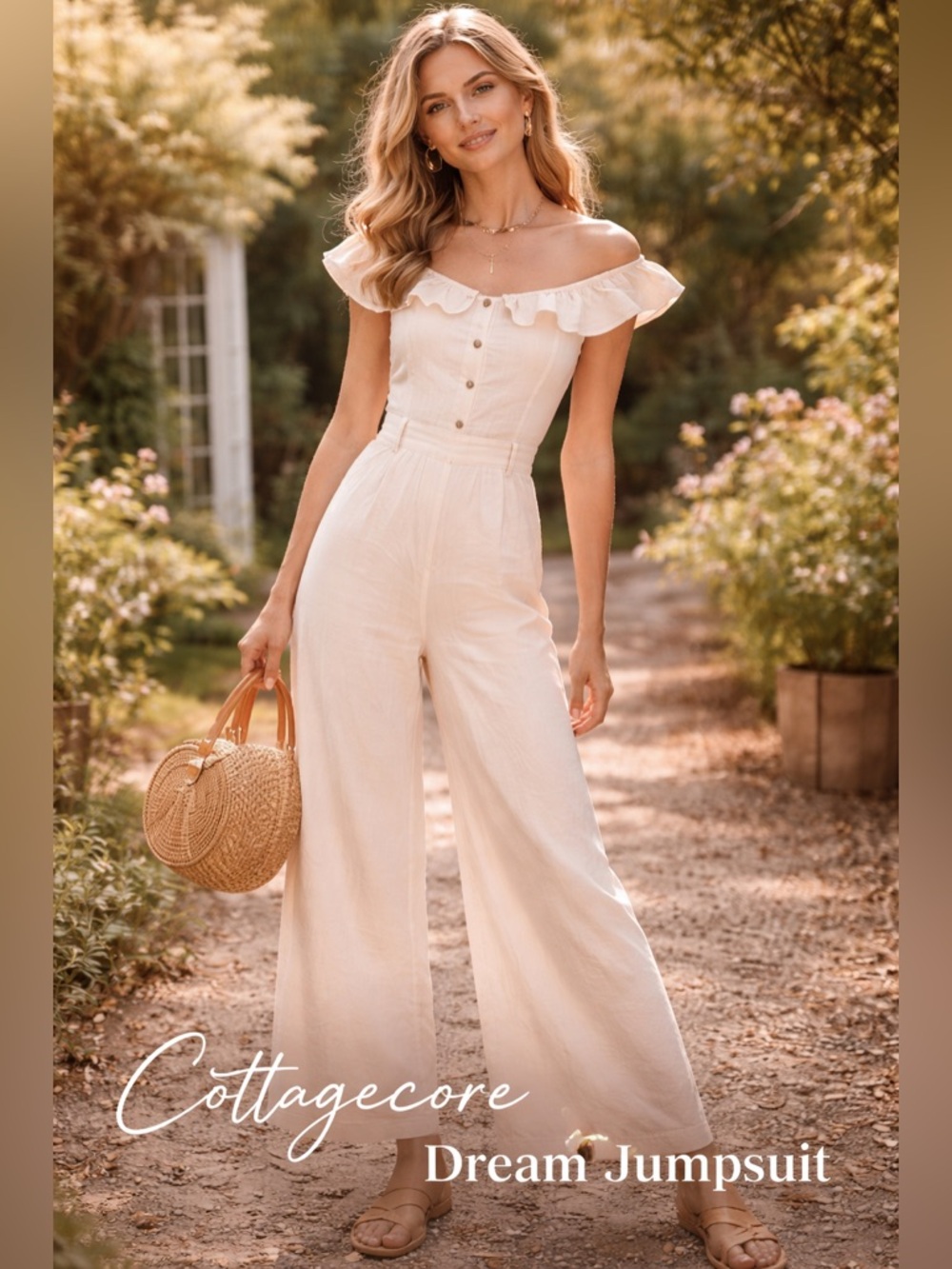 Mustard Seed Cream Ruffle Wide Leg Jumpsuit Small Cottagecore Boho